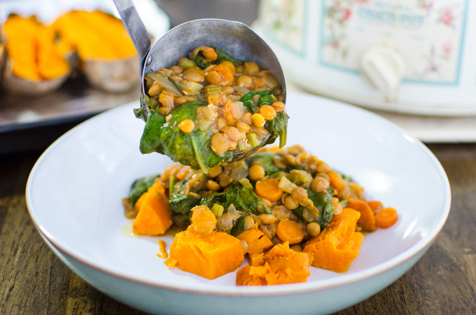Slow Cooker Lentil Soup with Baked Sweet Potatoes | VeggiePrimer.com