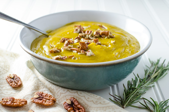 Acorn Squash Soup with Rosemary and Pecans - a slow cooker and high-speed blender make this vegan and gluten free acorn squash soup a cinch to prepare - the sweet and savory recipe yields about 4 cups | VeggiePrimer.com