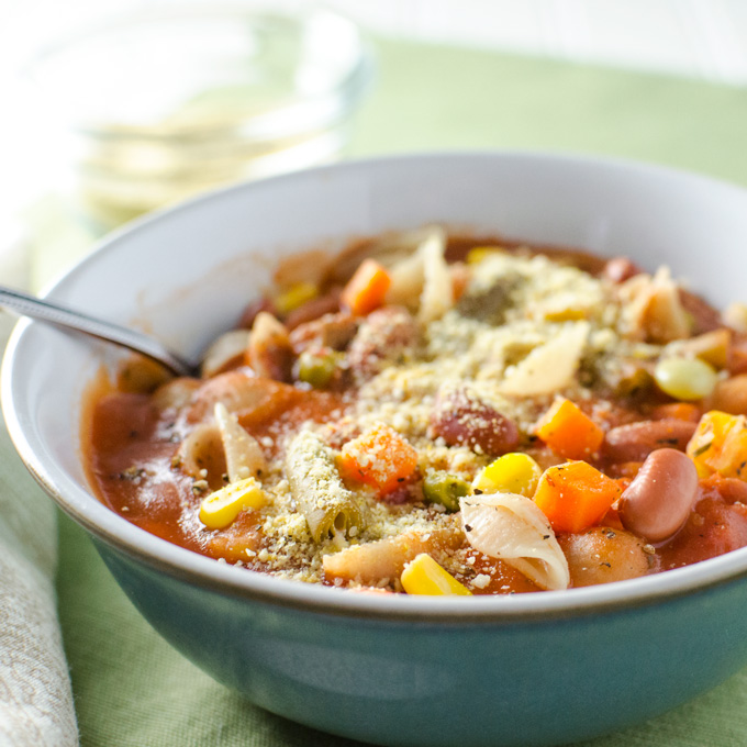Quick Veggie Minestrone Soup - This thick, hearty, vegan and gluten-free soup can be made in less than 30 minutes with ingredients that are easy to keep on hand | VeggiePrimer.com