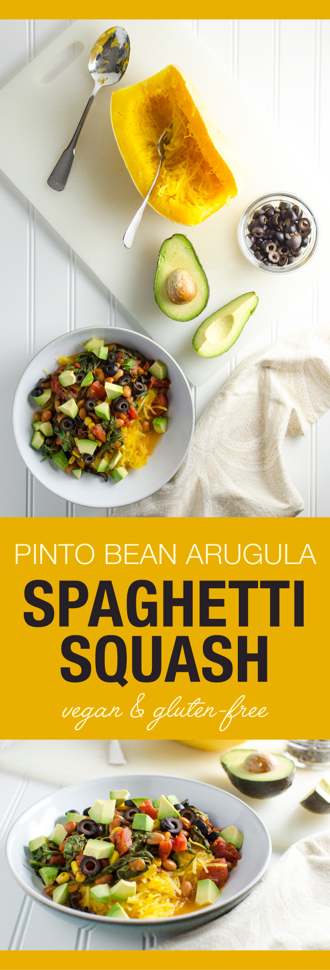 Easy Spaghetti Squash with Pinto Beans and Arugula - this simple recipe offers a lovely blend of Mexican cuisine inspired flavors - squash is cooked in a slow cooker for added convenience | VeggiePrimer.com
