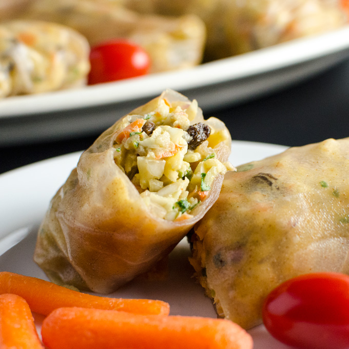 Apple Peanut Spring Rolls - this easy raw vegan and glutenfree recipe offers a lovely blend of textures and sweet spicy flavors - perfect plantbased Super Bowl fare | VeggiePrimer.com