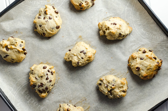 Gluten-Free Vegan Chocolate Chip Cookies on a baking sheet
