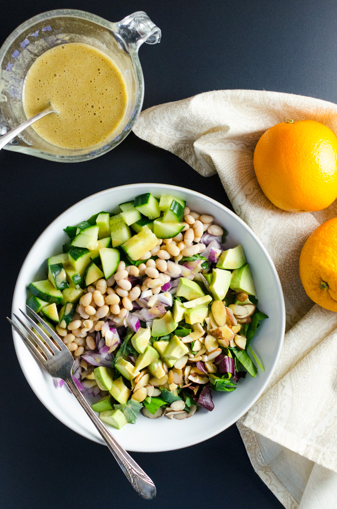 Easy Green Salad with Orange Ginger Dressing - just a few minutes of chopping and blending deliver a healthy plant-based vegan gluten-free meal! | VeggiePrimer.com