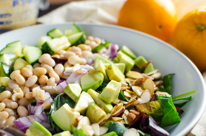 Easy Green Salad with Orange Ginger Dressing - just a few minutes of chopping and blending deliver a healthy plant-based vegan gluten-free meal! | VeggiePrimer.com