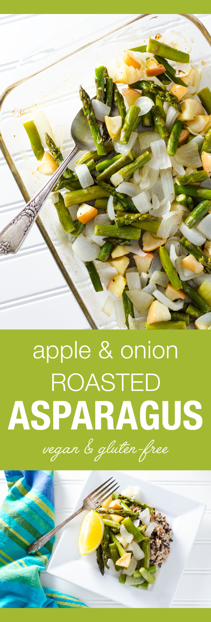Simple Roasted Asparagus with Apple & Onion - this simple vegan and gluten-free recipe mixes the earthy taste of asparagus with the sweet flavors of apple and onion. It makes a great side dish or serve it on a bed of brown rice for a complete meal! | VeggiePrimer.com