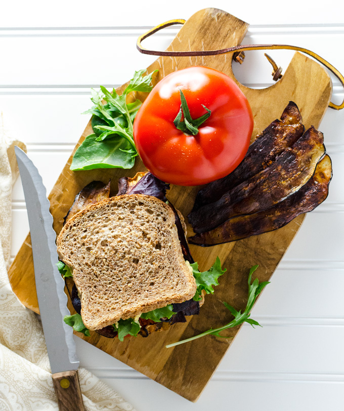 Perfect Plant-Based BLT Sandwich - eggplant bacon and vegan parmesan hummus are delicious substitutes in this tasty vegan gluten-free recipe. | VeggiePrimer.com