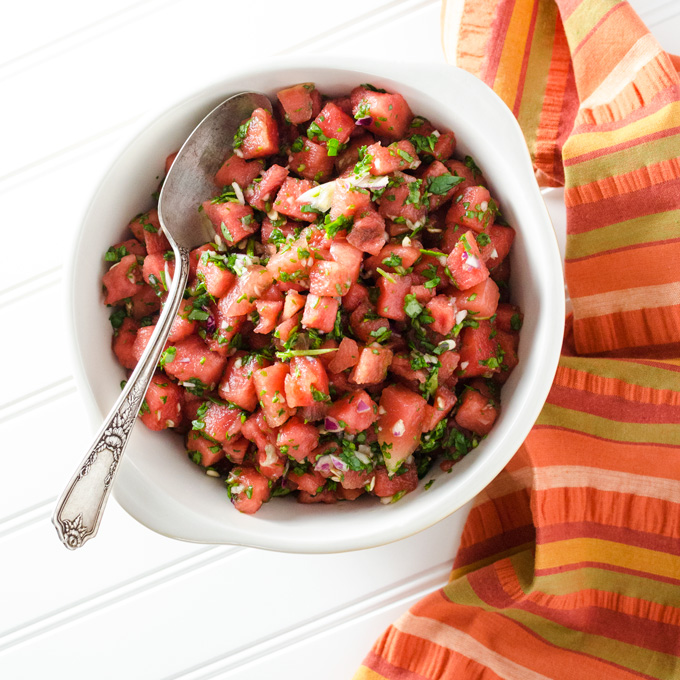 Spicy Watermelon Spinach Salad - this easy vegan gluten-free six ingredient recipe is fresh and clean with just a bit of a kick - perfect for summer BBQs and picnics! | VeggiePrimer.com