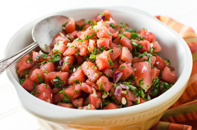 Spicy Watermelon Spinach Salad - this easy vegan gluten-free six ingredient recipe is fresh and clean with just a bit of a kick - perfect for summer BBQs and picnics! | VeggiePrimer.com