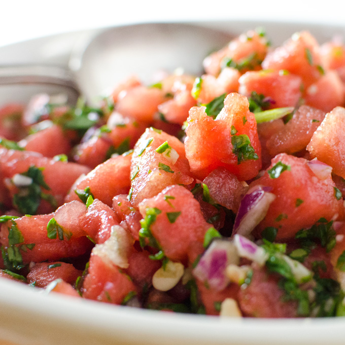 Spicy Watermelon Spinach Salad - this easy vegan gluten-free six ingredient recipe is fresh and clean with just a bit of a kick - perfect for summer BBQs and picnics! | VeggiePrimer.com