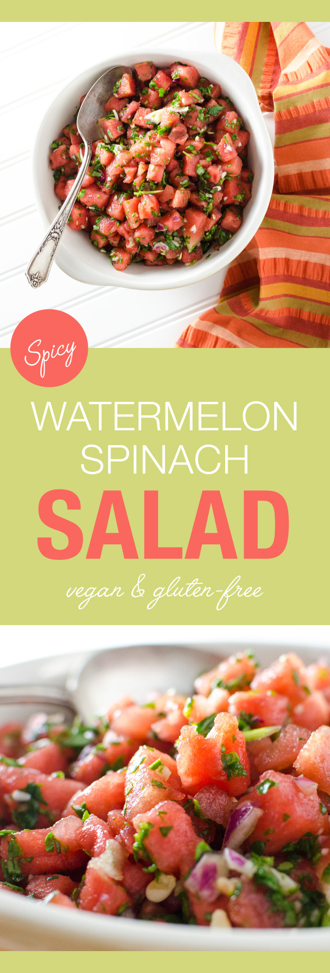 Spicy Watermelon Spinach Salad - this easy vegan gluten-free six ingredient recipe is fresh and clean with just a bit of a kick - perfect for summer BBQs and picnics! | VeggiePrimer.com