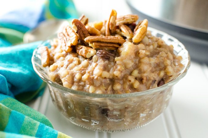 Instant Pot Buckwheat Porridge - you can prepare this gluten-free vegan recipe in less than thirty minutes. Naturally sweetened with banana, it has the creamy consistency of rice pudding | VeggiePrimer.com