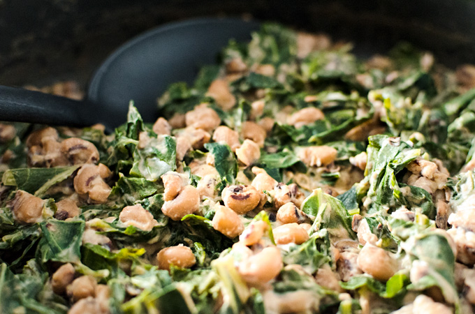 Maple Walnut Glazed Black-Eyed Peas with Collard Greens - inspired by flavors typically associated with baked ham, this gluten-free vegan recipe makes a tasty plant-based side-dish | VeggiePrimer.com