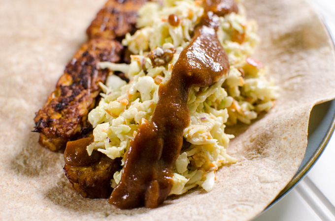 Vegan BBQ Tempeh Coleslaw Wrap - you can prepare this sandwich recipe in less than five minutes with easy make-ahead ingredients - it's the perfect packable lunch - and can be made gluten-free too! | VeggiePrimer.com