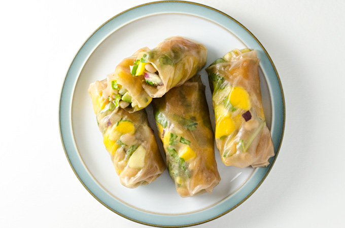 White Bean Mango Spring Rolls - the ingredients in this gluten-free vegan recipe also make a great salad or sandwich wrap! | VeggiePrimer.com