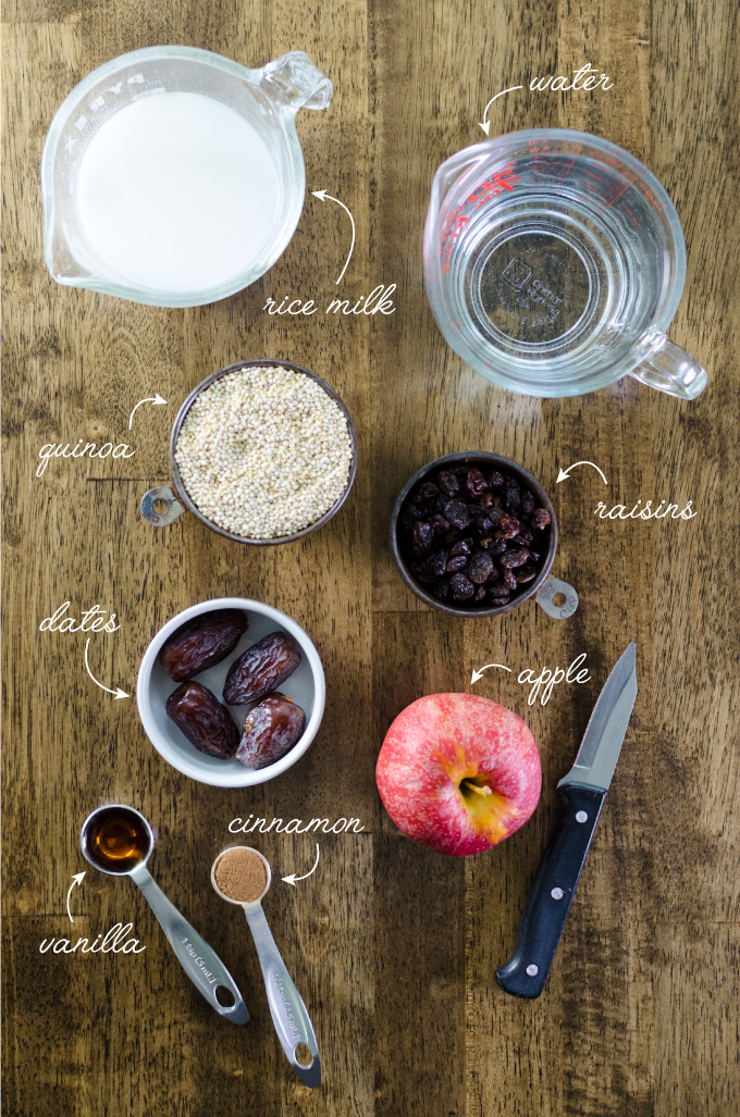 Ingredients for instant pot apple cinnamon quinoa porridge