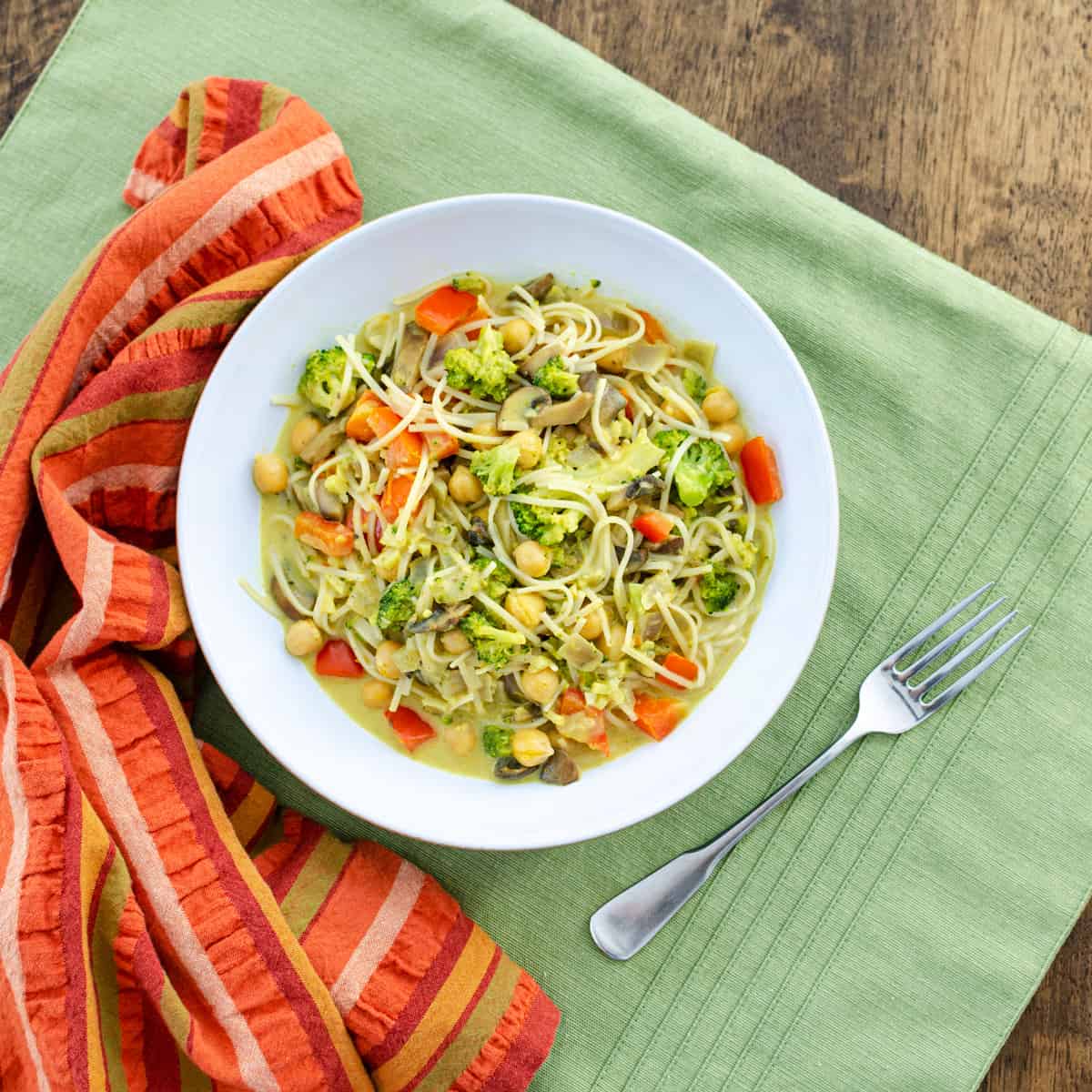 overhead view of a serving of coconut curry